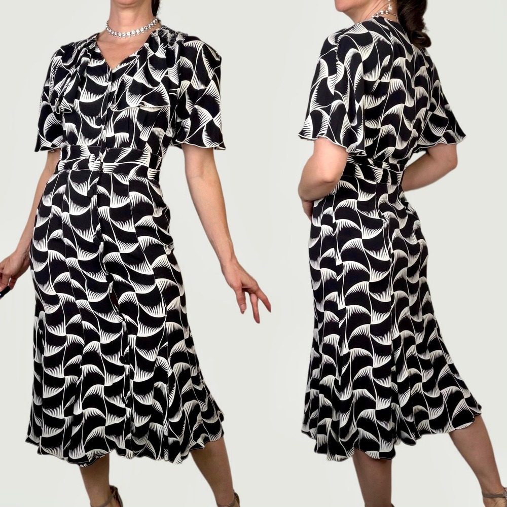 Sue Wong Geometric Fan Print Rayon Midi Dress‎ Flutter Sleeve 80s does 40s XS